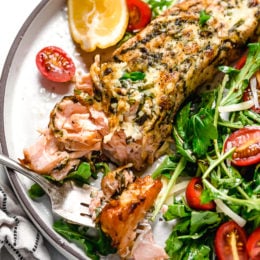 I'm obsessed with this Air Fryer Basil-Parmesan Salmon recipe! Making salmon in the air fryer is quick and easy, and the fish comes out so juicy inside.